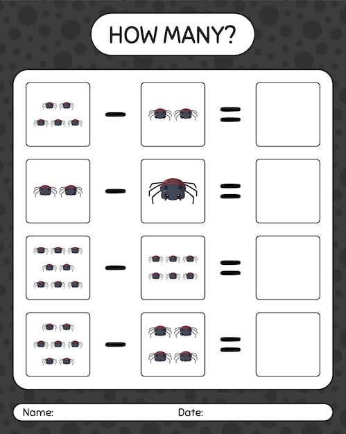 How many counting game with spider. worksheet for preschool kids, kids activity sheet