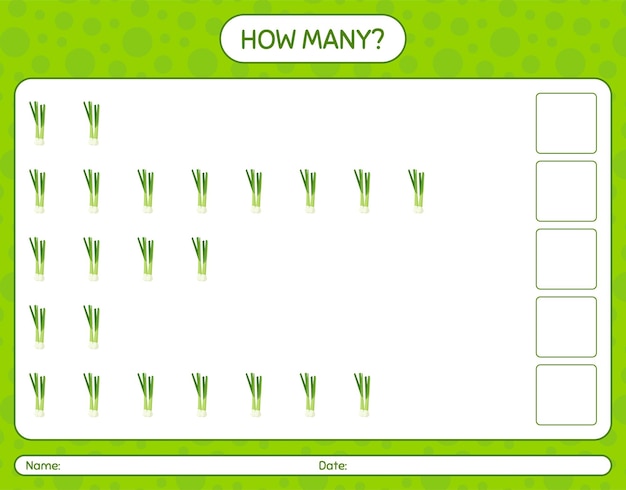 봄 양파로 몇 세기 게임. 미취학 아동을위한 워크 시트, 아동 활동 시트, 인쇄 가능한 워크 시트