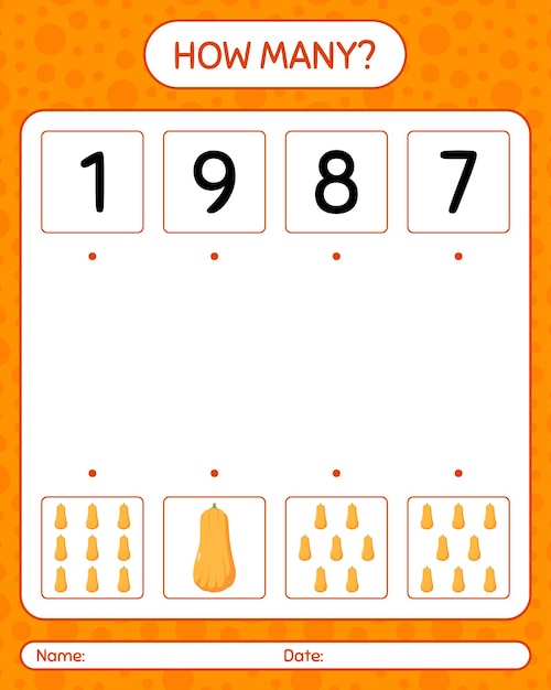 How many counting game with squash. worksheet for preschool kids, kids activity sheet
