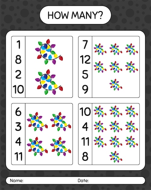 ストリングライトを使ったカウントゲームの数。就学前の子供のためのワークシート、子供の活動シート