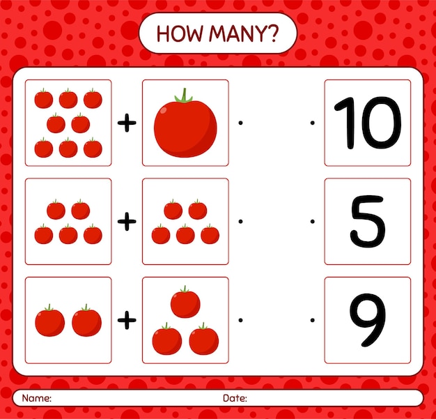 How many counting game with tomato. worksheet for preschool kids, kids activity sheet, printable worksheet