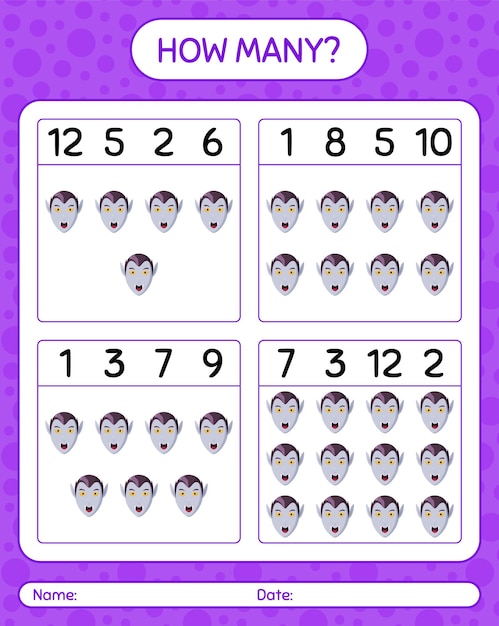 How many counting game with vampire. worksheet for preschool kids, kids activity sheet