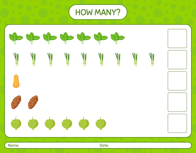 야채와 함께 얼마나 많은 계산 게임. 미취학 아동을 위한 워크시트, 어린이 활동 시트, 인쇄 가능한 워크시트