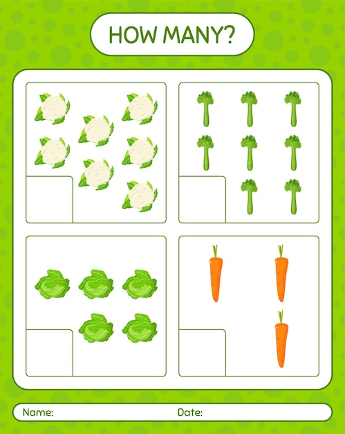 야채와 함께 얼마나 많은 계산 게임. 미취학 아동을 위한 워크시트, 어린이 활동 시트, 인쇄 가능한 워크시트