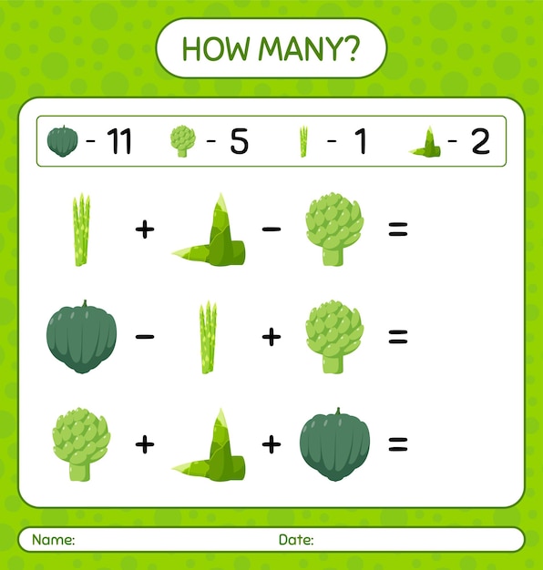 How many counting game with vegetables. worksheet for preschool kids, kids activity sheet, printable worksheet