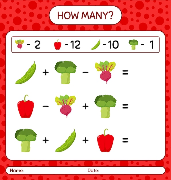 How many counting game with vegetables. worksheet for preschool kids, kids activity sheet, printable worksheet