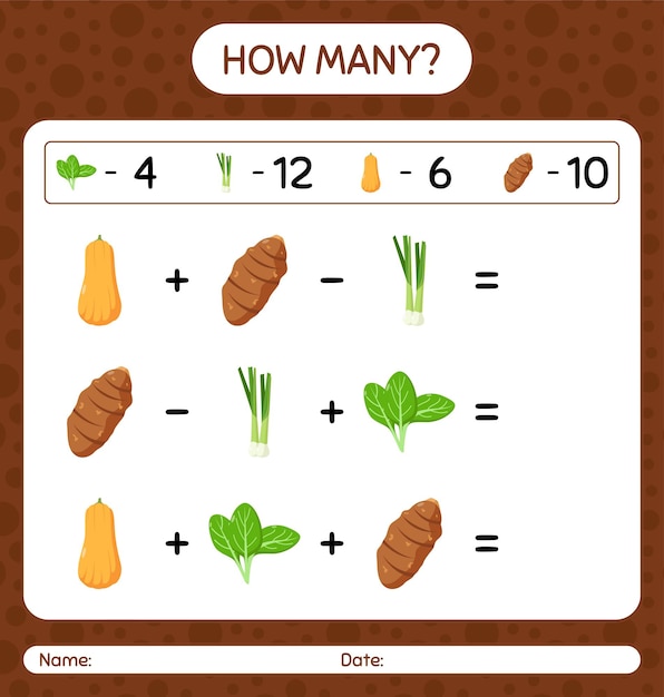 How many counting game with vegetables. worksheet for preschool kids, kids activity sheet, printable worksheet