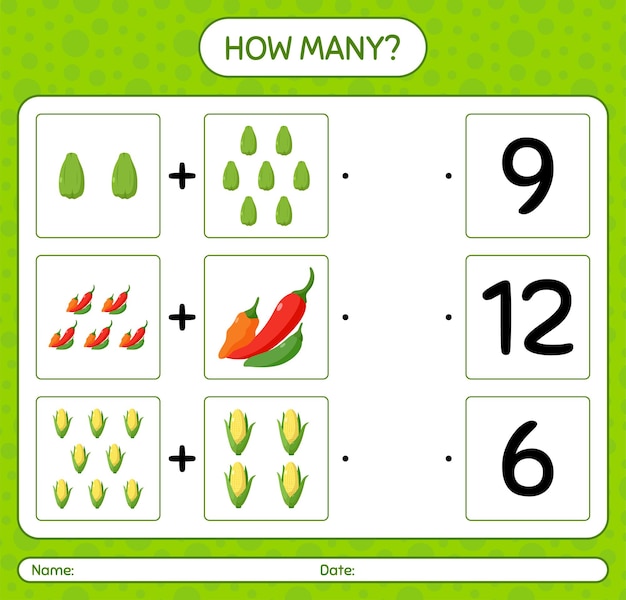 How many counting game with vegetables. worksheet for preschool kids, kids activity sheet, printable worksheet