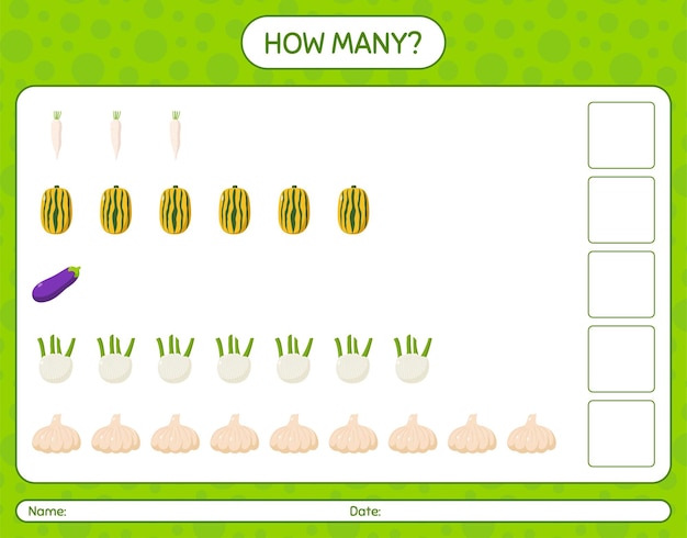 How many counting game with vegetables. worksheet for preschool kids, kids activity sheet, printable worksheet