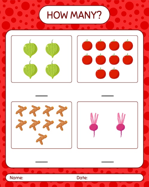 How many counting game with vegetables. worksheet for preschool kids, kids activity sheet, printable worksheet