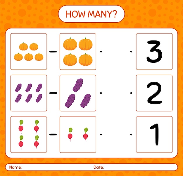 How many counting game with vegetables. worksheet for preschool kids, kids activity sheet, printable worksheet