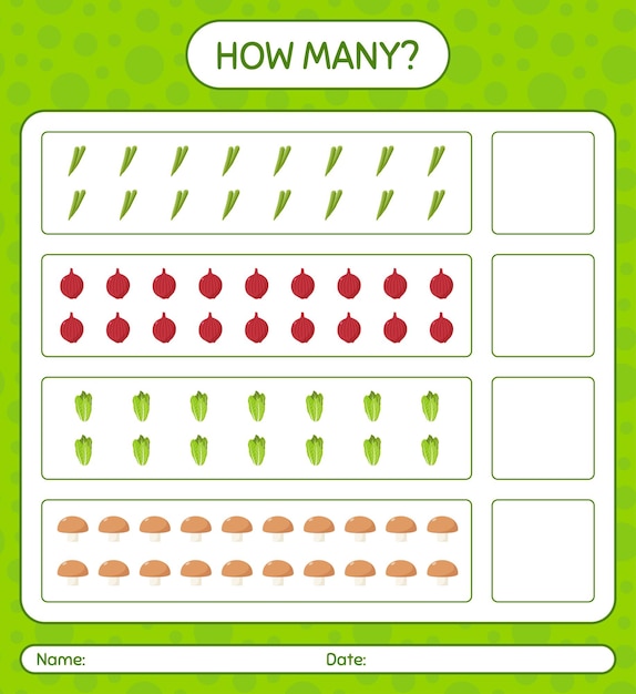 How many counting game with vegetables. worksheet for preschool kids, kids activity sheet, printable worksheet