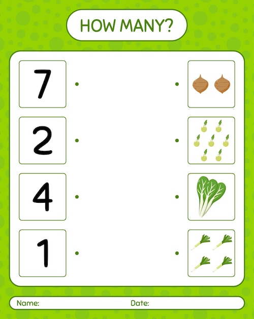 How many counting game with vegetables. worksheet for preschool kids, kids activity sheet, printable worksheet