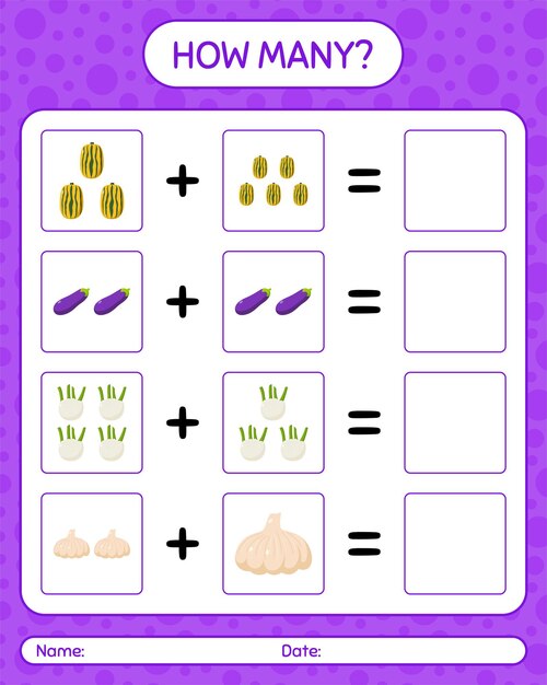 How many counting game with vegetables. worksheet for preschool kids, kids activity sheet, printable worksheet