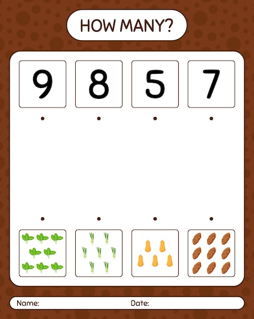 Vector how many counting game with vegetables. worksheet for preschool kids, kids activity sheet, printable worksheet