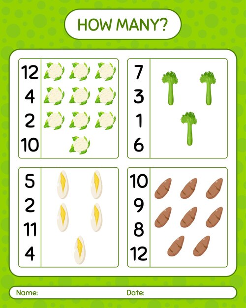 How many counting game with vegetables. worksheet for preschool kids, kids activity sheet, printable worksheet