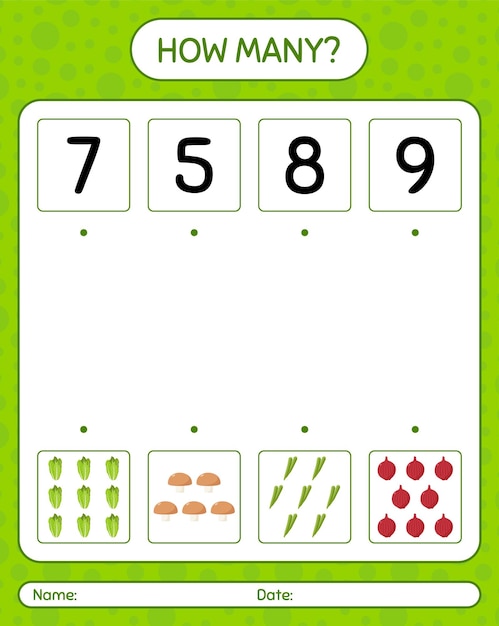 How many counting game with vegetables. worksheet for preschool kids, kids activity sheet, printable worksheet