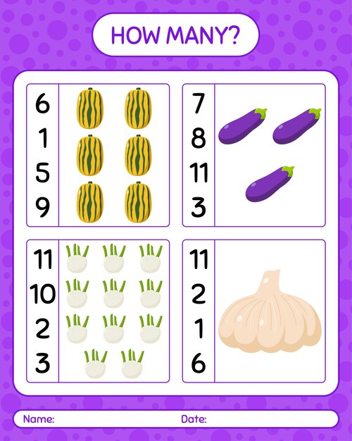 How many counting game with vegetables. worksheet for preschool kids, kids activity sheet, printable worksheet