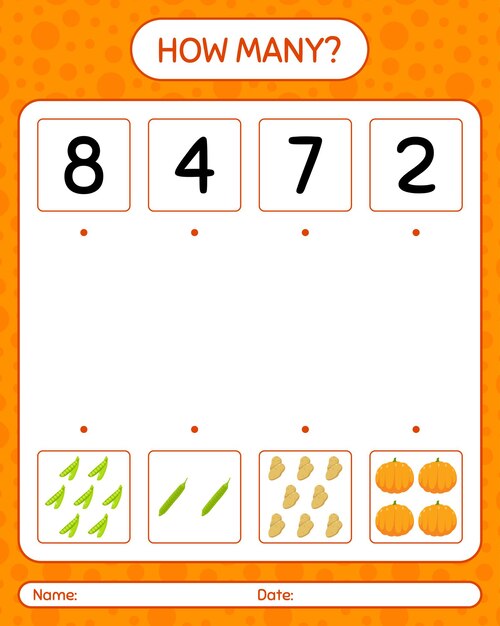 How many counting game with vegetables. worksheet for preschool kids, kids activity sheet, printable worksheet