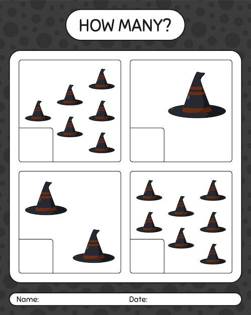 How many counting game with witch's hat. worksheet for preschool kids, kids activity sheet