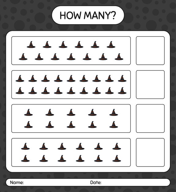 How many counting game with witch's hat. worksheet for preschool kids, kids activity sheet