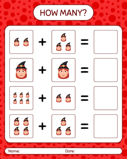 How many counting game with witch. worksheet for preschool kids, kids activity sheet