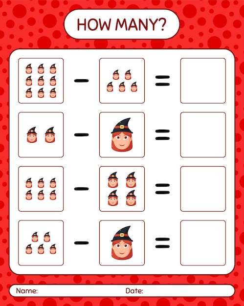 How many counting game with witch. worksheet for preschool kids, kids activity sheet