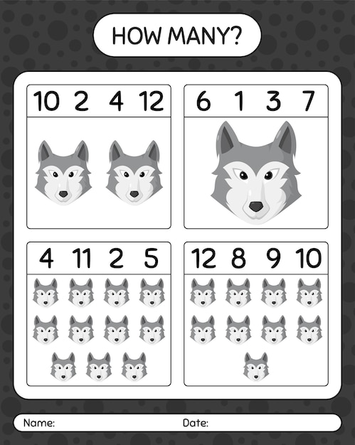 How many counting game with wolf. worksheet for preschool kids, kids activity sheet