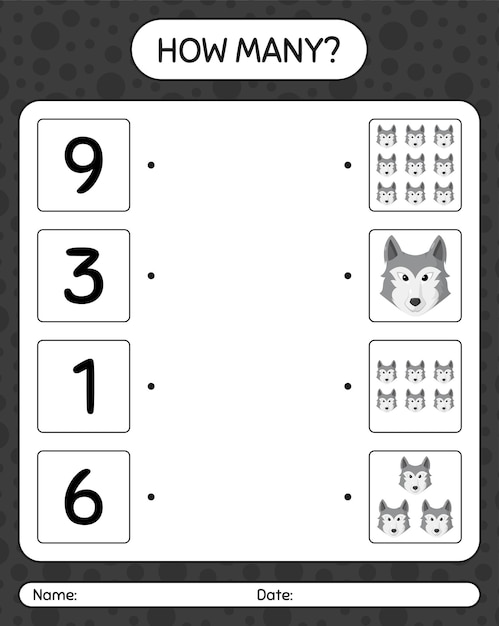 How many counting game with wolf. worksheet for preschool kids, kids activity sheet