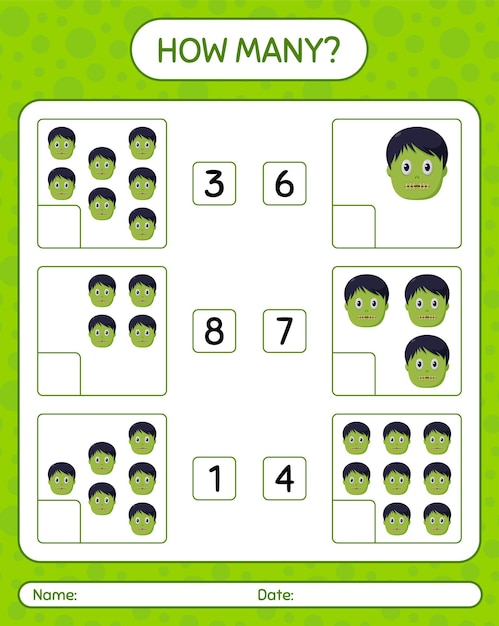 How many counting game with zombie. worksheet for preschool kids, kids activity sheet