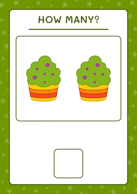 カップケーキの数、子供向けのゲーム。ベクトルイラスト、印刷可能なワークシート