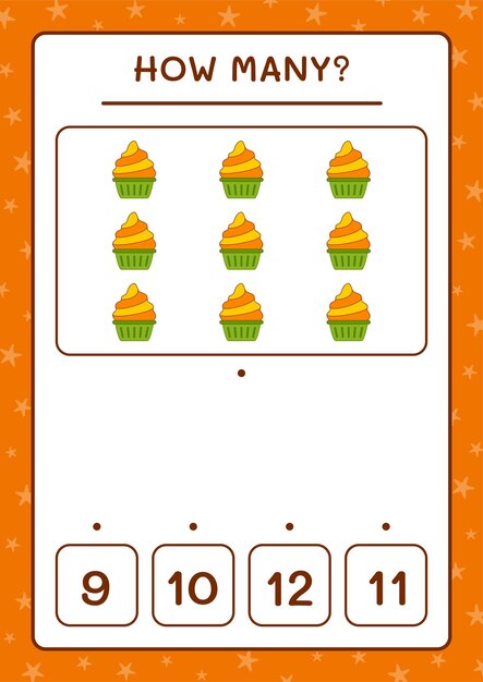 カップケーキの数、子供向けのゲーム。ベクトルイラスト、印刷可能なワークシート