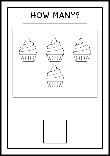 Сколько Cup Cake, игра для детей. Векторная иллюстрация, лист для печати