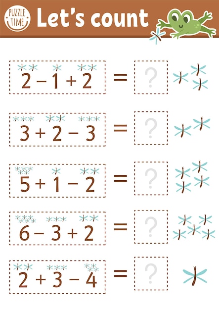 かわいい昆虫とカエルを使ったトンボのゲームの数就学前の子供のための夏の森の数学の追加活動子供のための印刷可能な簡単なカウントワークシートxa
