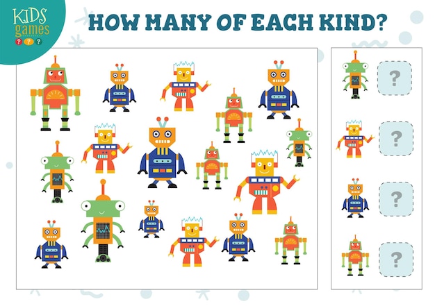 How many of each kind cartoon robot counting game. Educational quiz