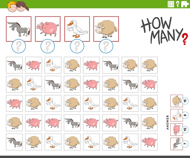 Vector how many farm animal characters counting game