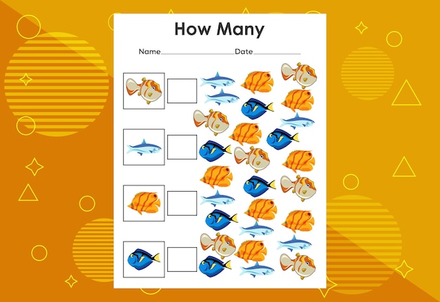 How many fish tasks educational children's game worksheet