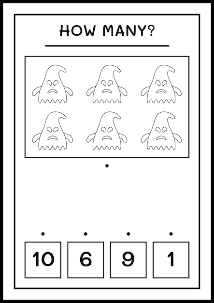 Quanti ghost, gioco per bambini. illustrazione vettoriale, foglio di lavoro stampabile