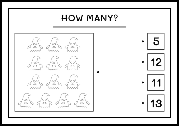 얼마나 많은 고스트, 어린이용 게임. 벡터 일러스트 레이 션, 인쇄용 워크시트