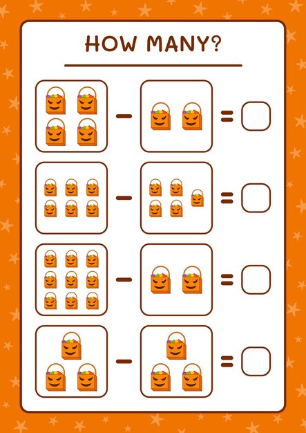 얼마나 많은 선물 가방, 어린이를위한 게임. 벡터 일러스트 레이 션, 인쇄용 워크시트