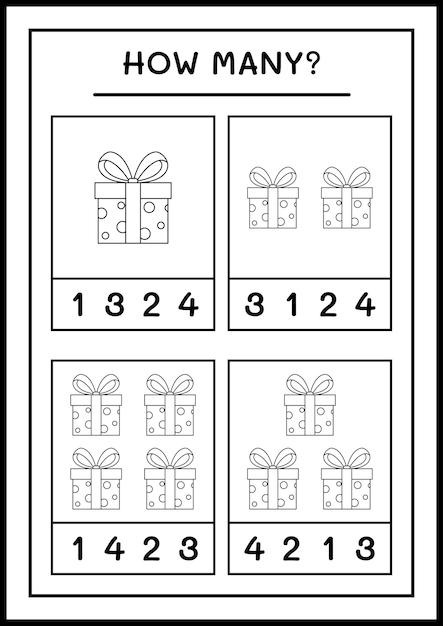 얼마나 많은 선물 상자, 어린이를 위한 게임. 벡터 일러스트 레이 션, 인쇄용 워크시트