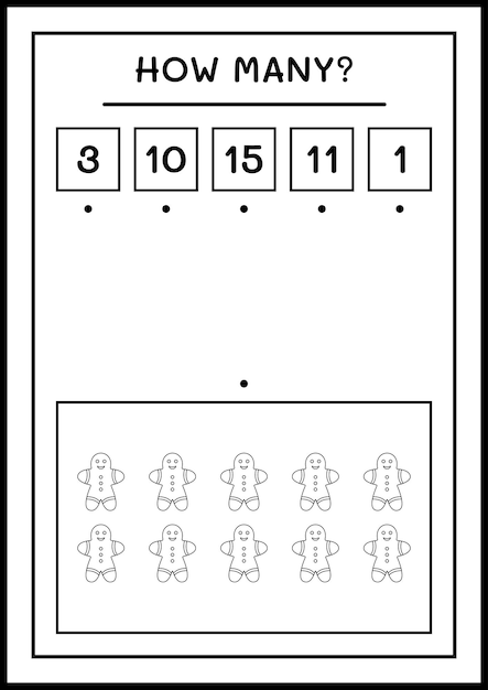 ジンジャーブレッドクッキーの数、子供向けのゲーム。ベクトルイラスト、印刷可能なワークシート