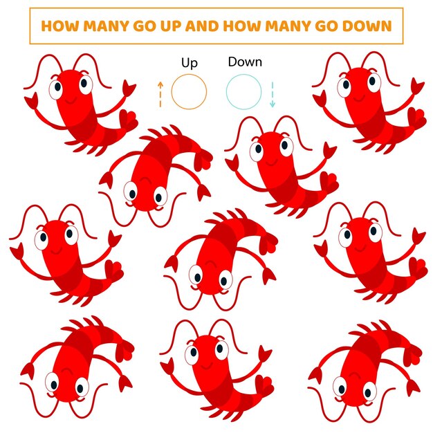 How many go upHow many go downCounting game with cute cartoon shrimpWorksheet for kids