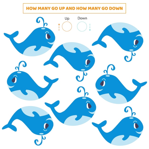 How many go upHow many go downCounting game with cute cartoon whaleWorksheet for kids