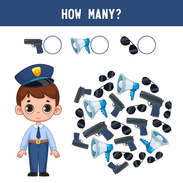 How many guns loudspeakers and glasses does cute little cop boy have Counting educational kids game