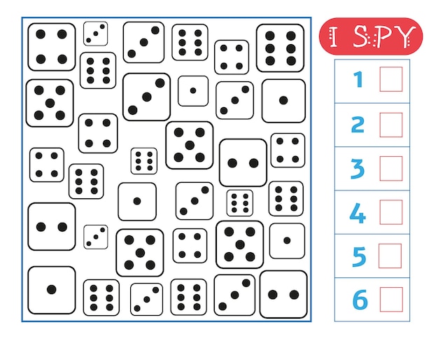 How many. I spy game for kids. Dice faces. Numbers for preschool. Counting activity. Back to School