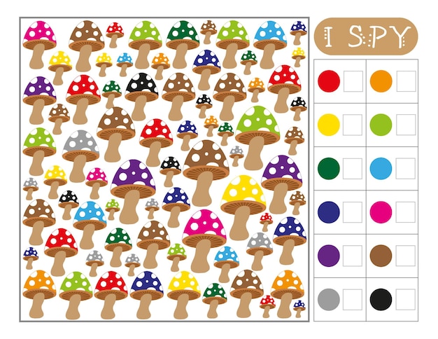 How many. I spy game for kids. Mushrooms counting activity. Preschool worksheet. Fall, autumn game