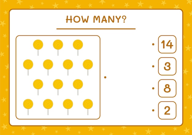 얼마나 많은 롤리팝, 어린이용 게임. 벡터 일러스트 레이 션, 인쇄용 워크시트