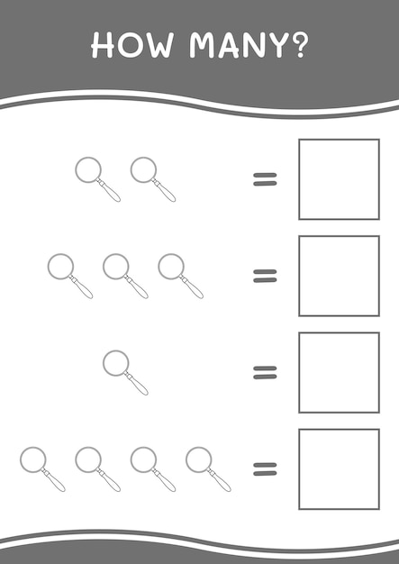 Quanti giochi di lente d'ingrandimento per bambini foglio di lavoro stampabile con illustrazione vettoriale