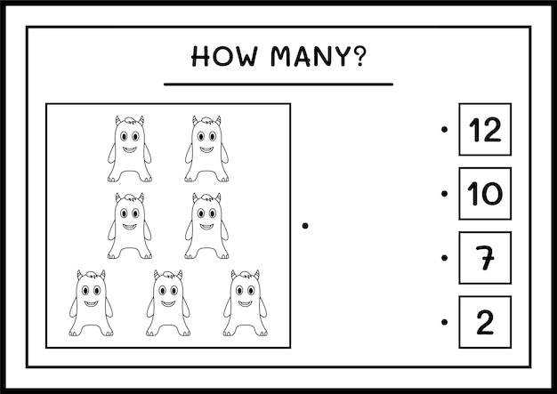 얼마나 많은 몬스터, 어린이용 게임. 벡터 일러스트 레이 션, 인쇄용 워크시트